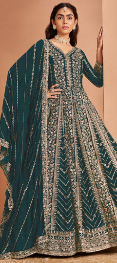 Blue color Salwar Kameez in Faux Georgette fabric with Embroidered, Sequence, Thread work