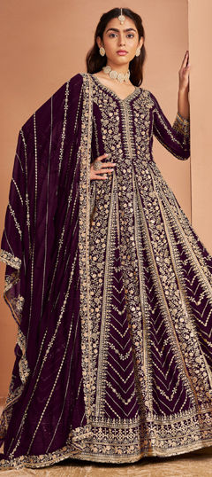 Purple and Violet color Salwar Kameez in Faux Georgette fabric with Embroidered, Sequence, Thread work