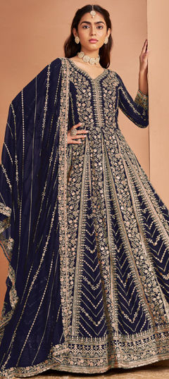 Blue color Salwar Kameez in Faux Georgette fabric with Embroidered, Sequence, Thread work