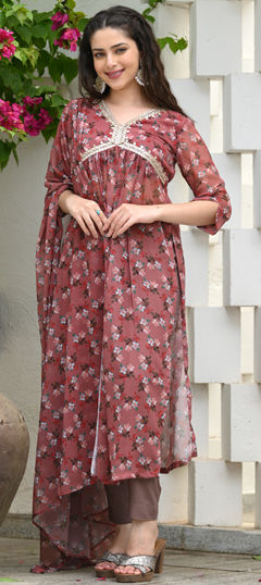 Beige and Brown color Salwar Kameez in Georgette fabric with Floral, Printed work