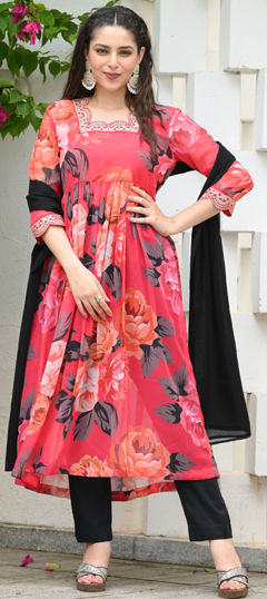 Red and Maroon color Salwar Kameez in Georgette fabric with Floral, Printed work