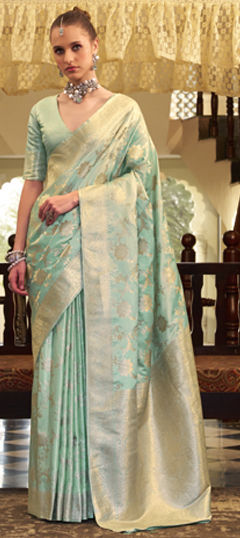 Green color Saree in Satin Silk fabric with Weaving, Zari work