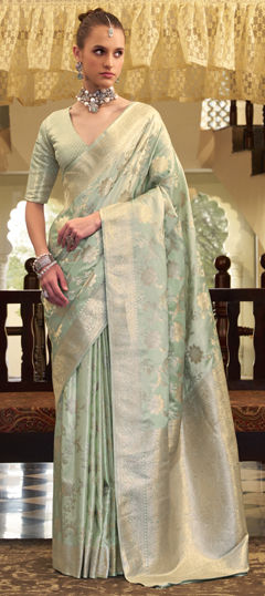 Green color Saree in Satin Silk fabric with Weaving, Zari work