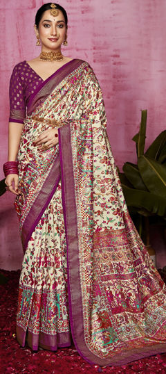 White and Off White color Saree in Tussar Silk fabric with Printed, Weaving work