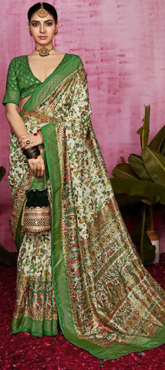 White and Off White color Saree in Tussar Silk fabric with Printed, Weaving work