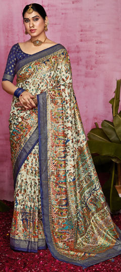 White and Off White color Saree in Tussar Silk fabric with Printed, Weaving work