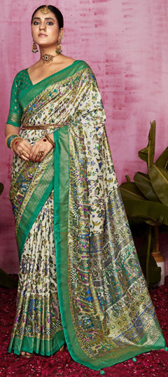 White and Off White color Saree in Tussar Silk fabric with Printed, Weaving work