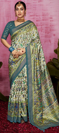 White and Off White color Saree in Tussar Silk fabric with Printed, Weaving work