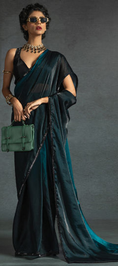 Blue color Readymade Saree in Satin Silk fabric with Sequence work
