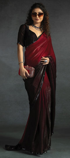 Red and Maroon color Readymade Saree in Satin Silk fabric with Sequence work