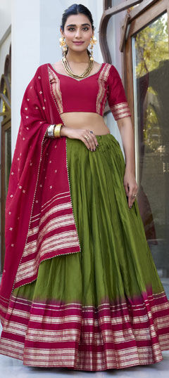 Green color Lehenga in Chanderi Silk fabric with Lace work