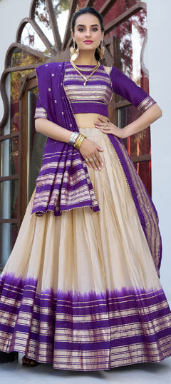 White and Off White color Lehenga in Chanderi Silk fabric with Lace work