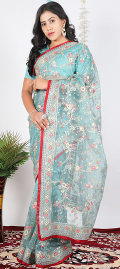 Blue color Saree in Organza Silk fabric with Embroidered, Resham, Sequence, Thread work