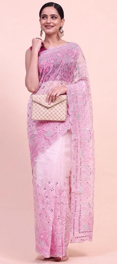 Pink and Majenta color Saree in Organza Silk fabric with Embroidered, Resham, Sequence, Thread work