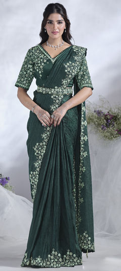 Green color Readymade Saree in Satin Silk fabric with Sequence, Stone, Thread work