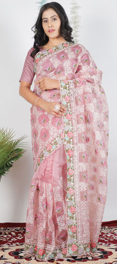 Pink and Majenta color Saree in Organza Silk fabric with Embroidered, Resham, Sequence, Thread work