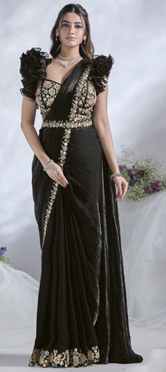 Black and Grey color Readymade Saree in Satin Silk fabric with Sequence, Stone, Thread work
