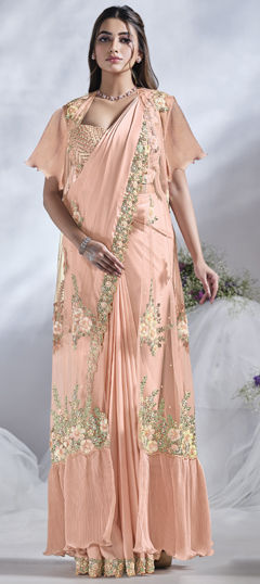 Pink and Majenta color Readymade Saree in Satin Silk fabric with Sequence, Stone, Thread work