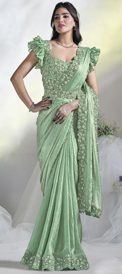 Green color Readymade Saree in Satin Silk fabric with Sequence, Stone, Thread work