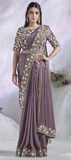 Purple and Violet color Readymade Saree in Satin Silk fabric with Sequence, Stone, Thread work