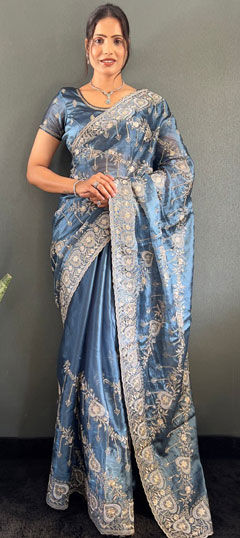 Black and Grey color Saree in Chinon Silk fabric with Embroidered, Thread work