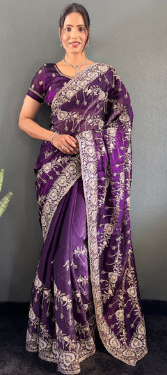 Purple and Violet color Saree in Chinon Silk fabric with Embroidered, Thread work