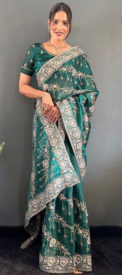 Green color Saree in Chinon Silk fabric with Embroidered, Thread work