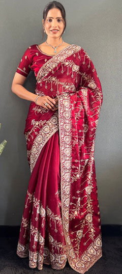 Pink and Majenta color Saree in Chinon Silk fabric with Embroidered, Thread work