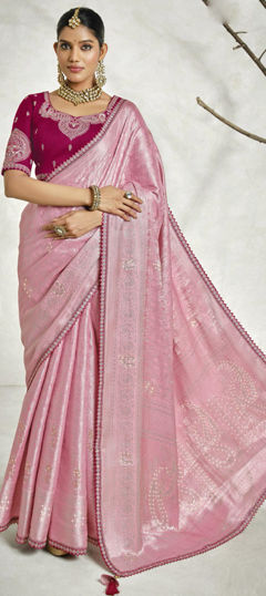 Pink and Majenta color Saree in Silk fabric with Lace, Weaving, Zari work
