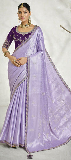 Purple and Violet color Saree in Silk fabric with Lace, Weaving, Zari work