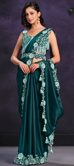 Blue color Readymade Saree in Satin Silk fabric with Moti, Sequence, Stone, Thread work