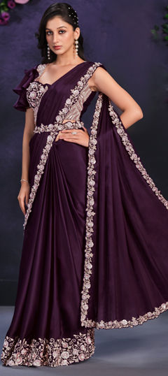 Purple and Violet color Readymade Saree in Satin Silk fabric with Moti, Sequence, Stone, Thread work