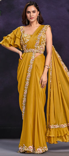 Yellow color Readymade Saree in Satin Silk fabric with Moti, Sequence, Stone, Thread work
