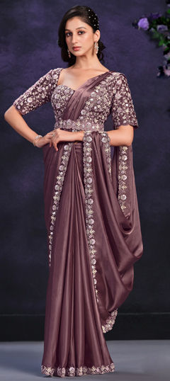 Beige and Brown color Readymade Saree in Georgette fabric with Moti, Sequence, Stone, Thread work