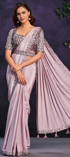 Pink and Majenta color Readymade Saree in Satin Silk fabric with Moti, Sequence, Stone, Thread work