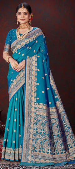 Blue color Saree in Silk fabric with Weaving, Zari work