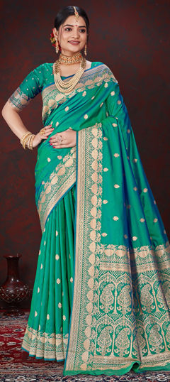 Green color Saree in Silk fabric with Weaving, Zari work