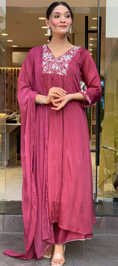 Pink and Majenta color Salwar Kameez in Viscose fabric with Embroidered, Thread work