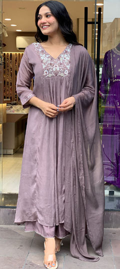 Purple and Violet color Salwar Kameez in Viscose fabric with Embroidered, Thread work