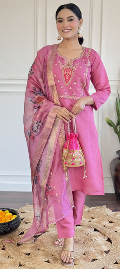 Pink and Majenta color Salwar Kameez in Viscose fabric with Embroidered, Thread work