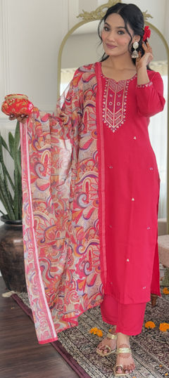 Pink and Majenta color Salwar Kameez in Rayon fabric with Embroidered, Thread work