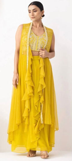 Yellow color Salwar Kameez in Georgette fabric with Embroidered work
