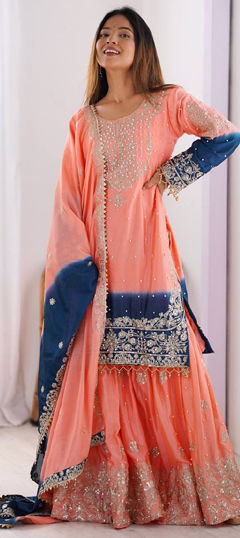 Pink and Majenta color Salwar Kameez in Chinon Silk fabric with Moti, Sequence, Thread work