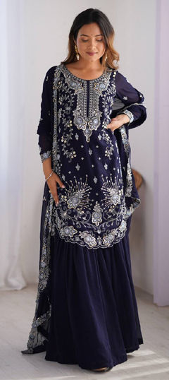 Blue color Salwar Kameez in Faux Georgette fabric with Sequence, Thread work