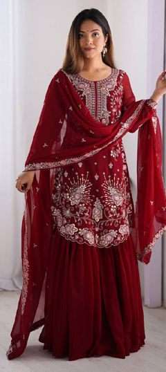 Red and Maroon color Salwar Kameez in Faux Georgette fabric with Sequence, Thread work