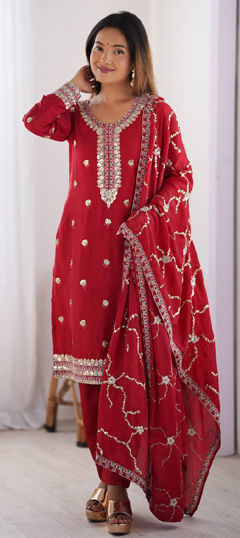 Red and Maroon color Salwar Kameez in Chinon Silk fabric with Sequence, Thread work