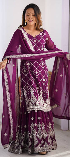 Purple and Violet color Salwar Kameez in Faux Georgette fabric with Thread work