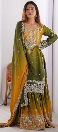 Green color Salwar Kameez in Chinon Silk fabric with Moti, Sequence, Thread work