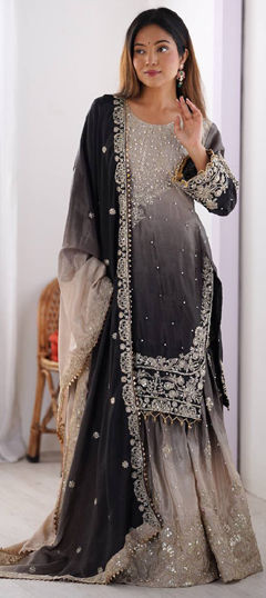 Black and Grey color Salwar Kameez in Chinon Silk fabric with Moti, Sequence, Thread work