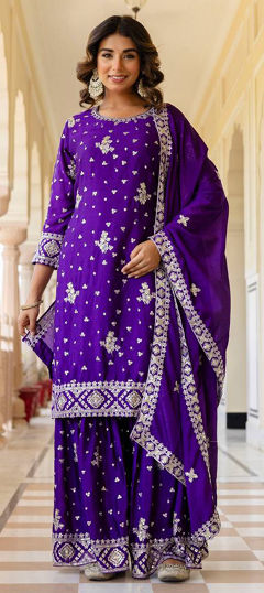 Purple and Violet color Salwar Kameez in Chinon Silk fabric with Embroidered, Sequence, Thread work